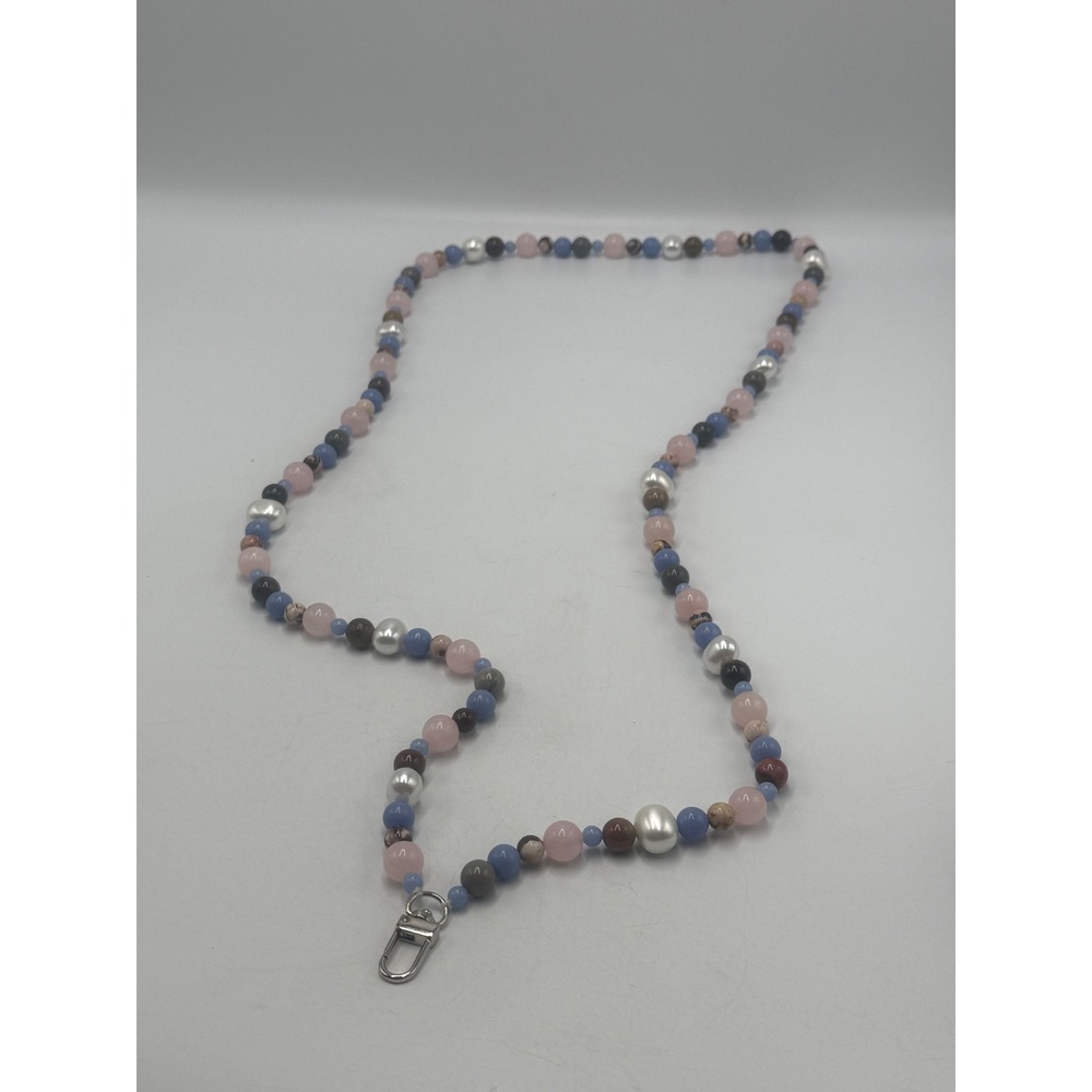 Multi Gemstone Rose Quartz Pearl Beaded Lanyard ID Badge Holder Necklace 25in